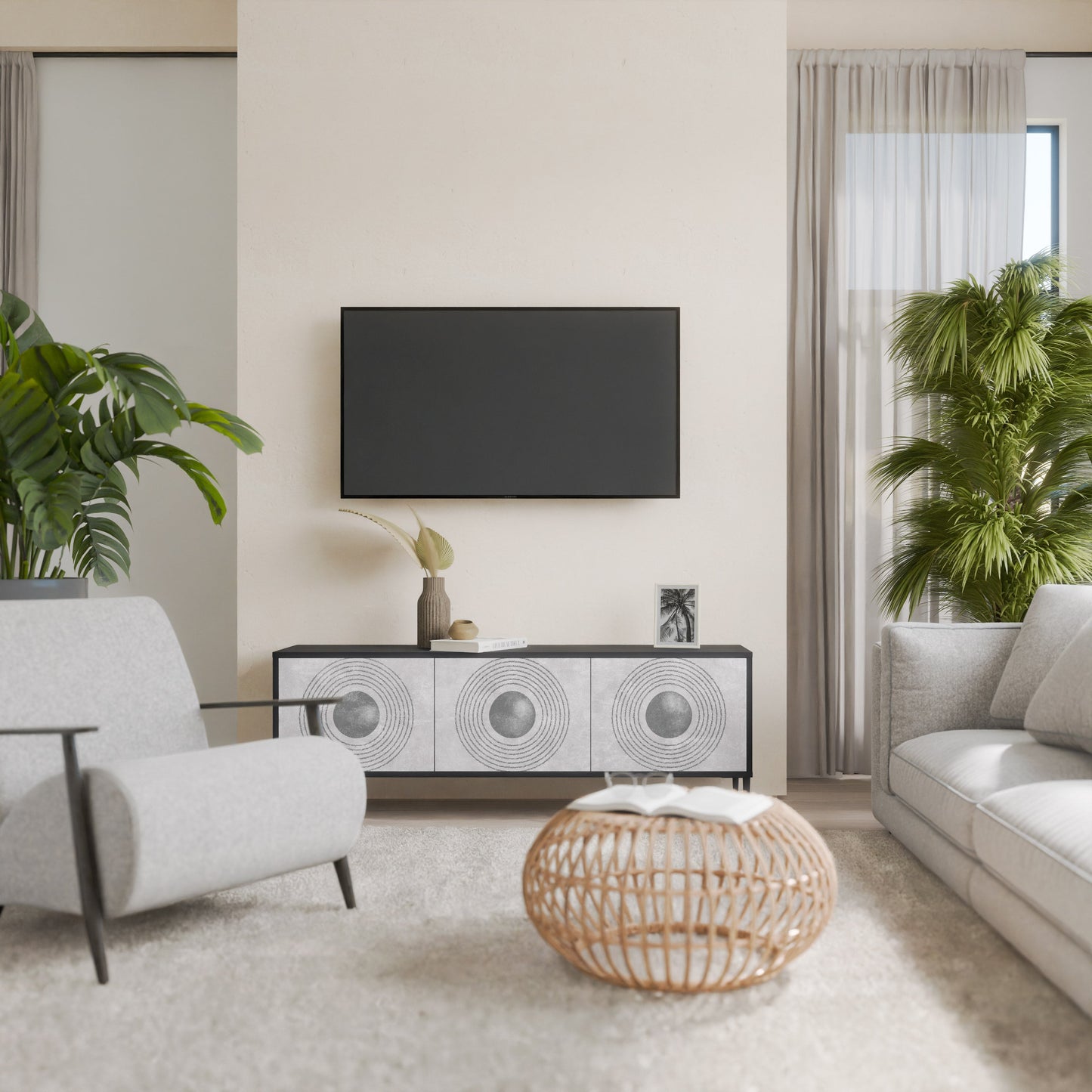 Mobile TV SOLID CIRCLES a 3 ante con finitura nera