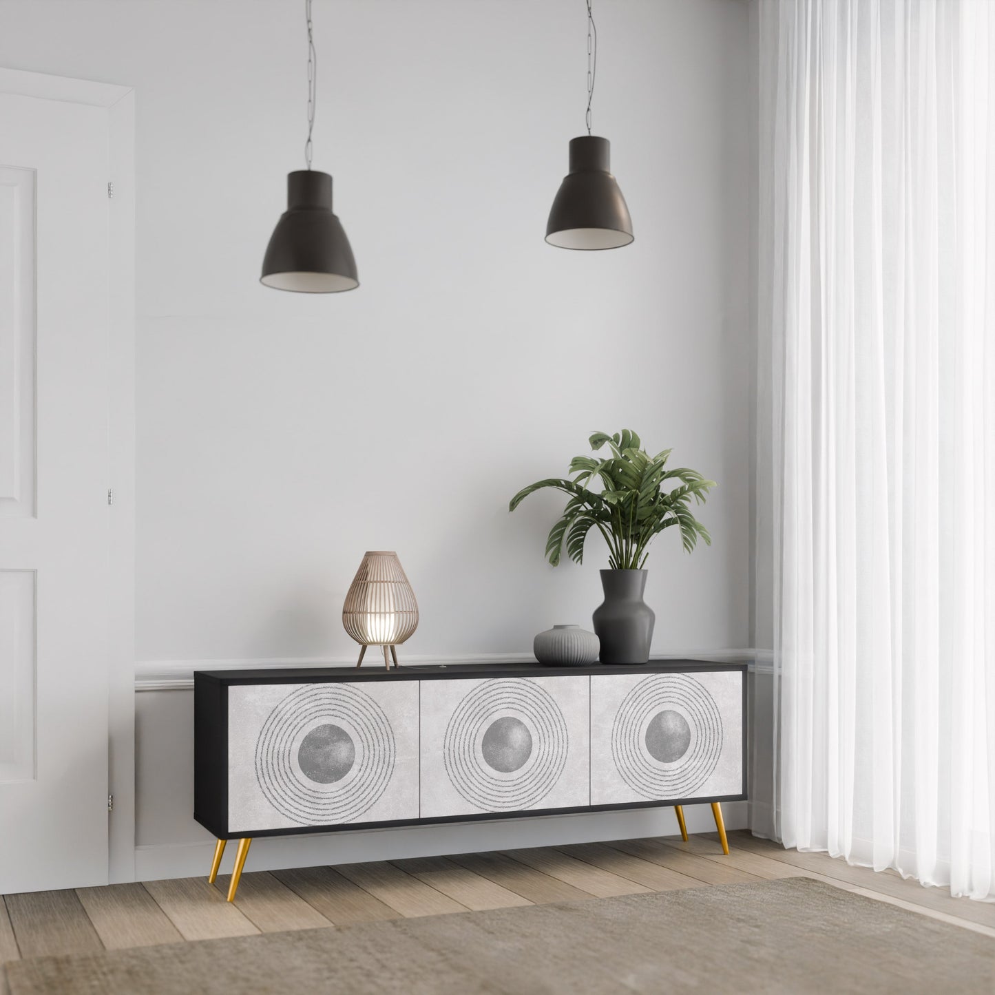 Mobile TV SOLID CIRCLES a 3 ante con finitura nera