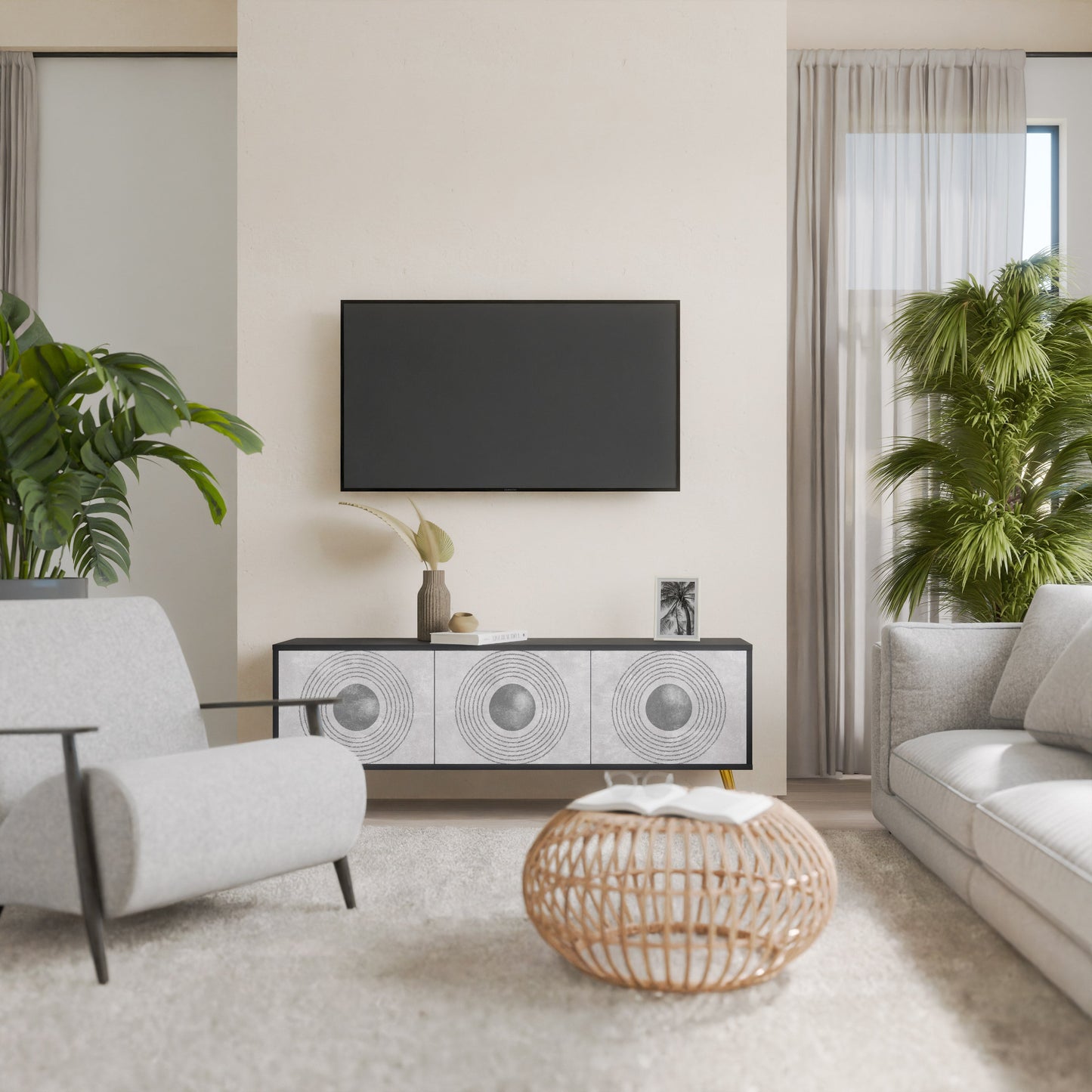 Mobile TV SOLID CIRCLES a 3 ante con finitura nera