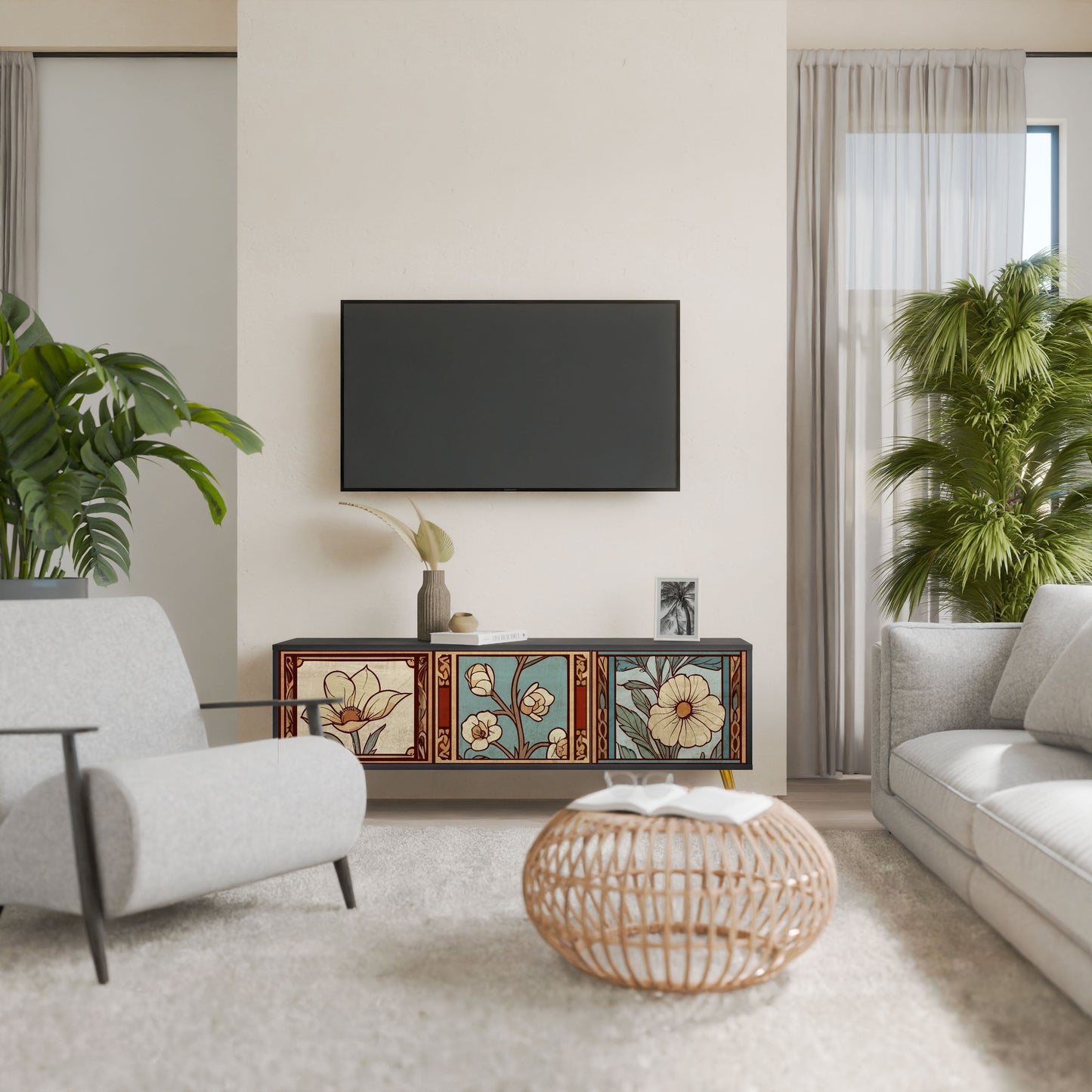 Mobile TV TIMELESS FLORA a 3 ante in finitura nera