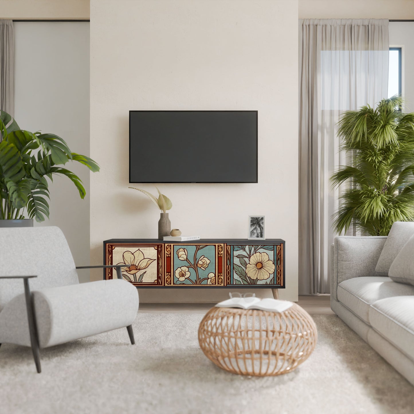 Mobile TV TIMELESS FLORA a 3 ante in finitura nera