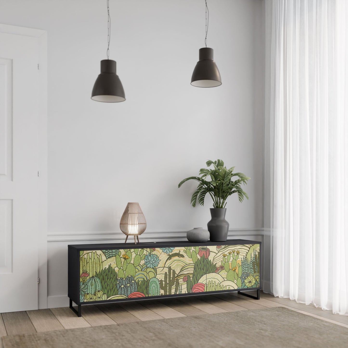 SUCCULENTS KALEIDOSCOPE 3-Door TV Stand in Black Finish