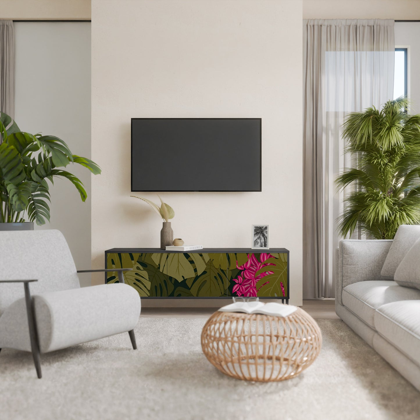Mobile TV TROPICAL BEAUTY a 3 ante con finitura nera