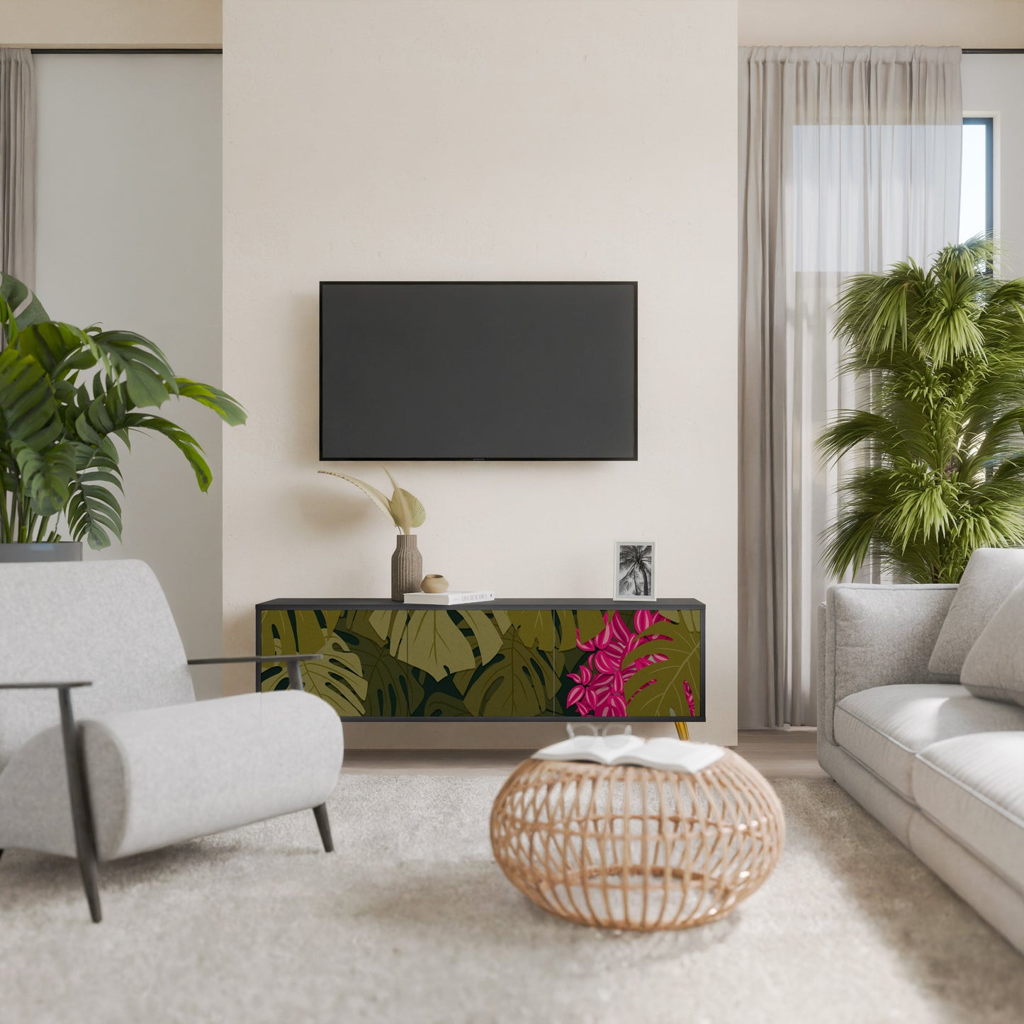 Mobile TV TROPICAL BEAUTY a 3 ante con finitura nera