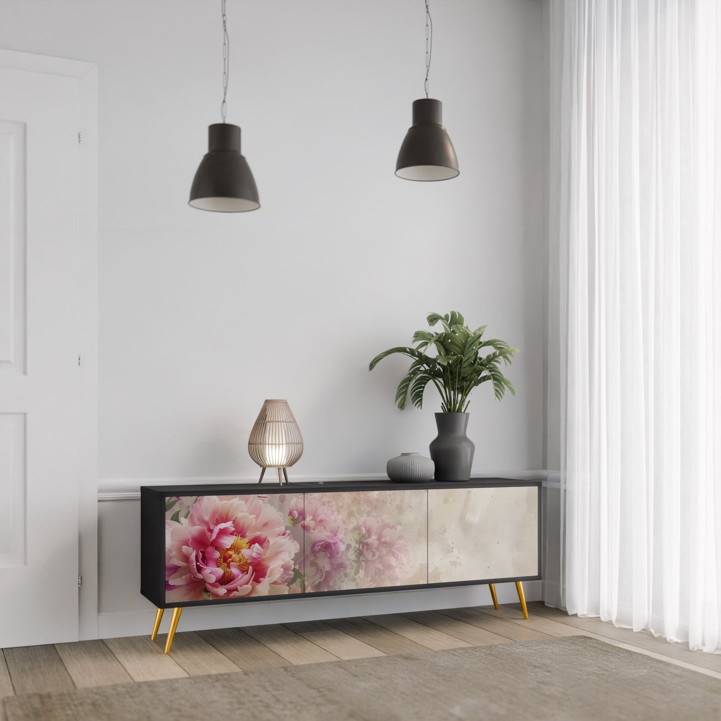 PEONY WHISPER 3-Door TV Stand in Black Finish
