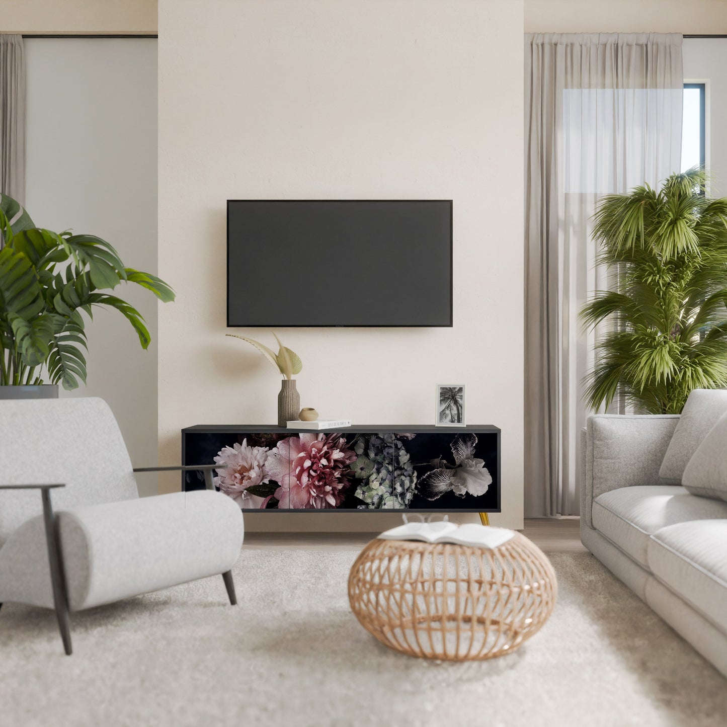 Mobile TV PURE BLOSSOM a 3 ante con finitura nera