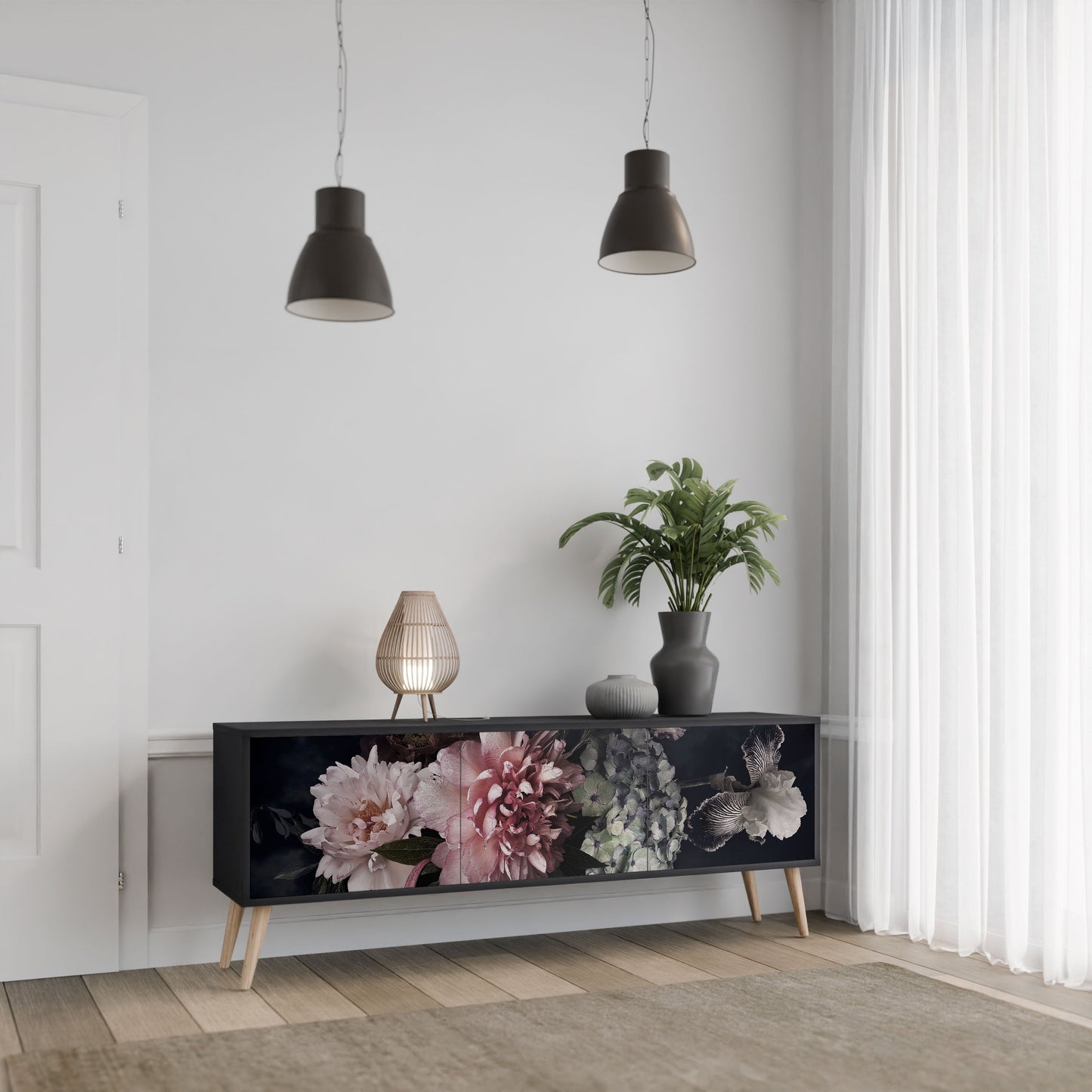 Mobile TV PURE BLOSSOM a 3 ante con finitura nera