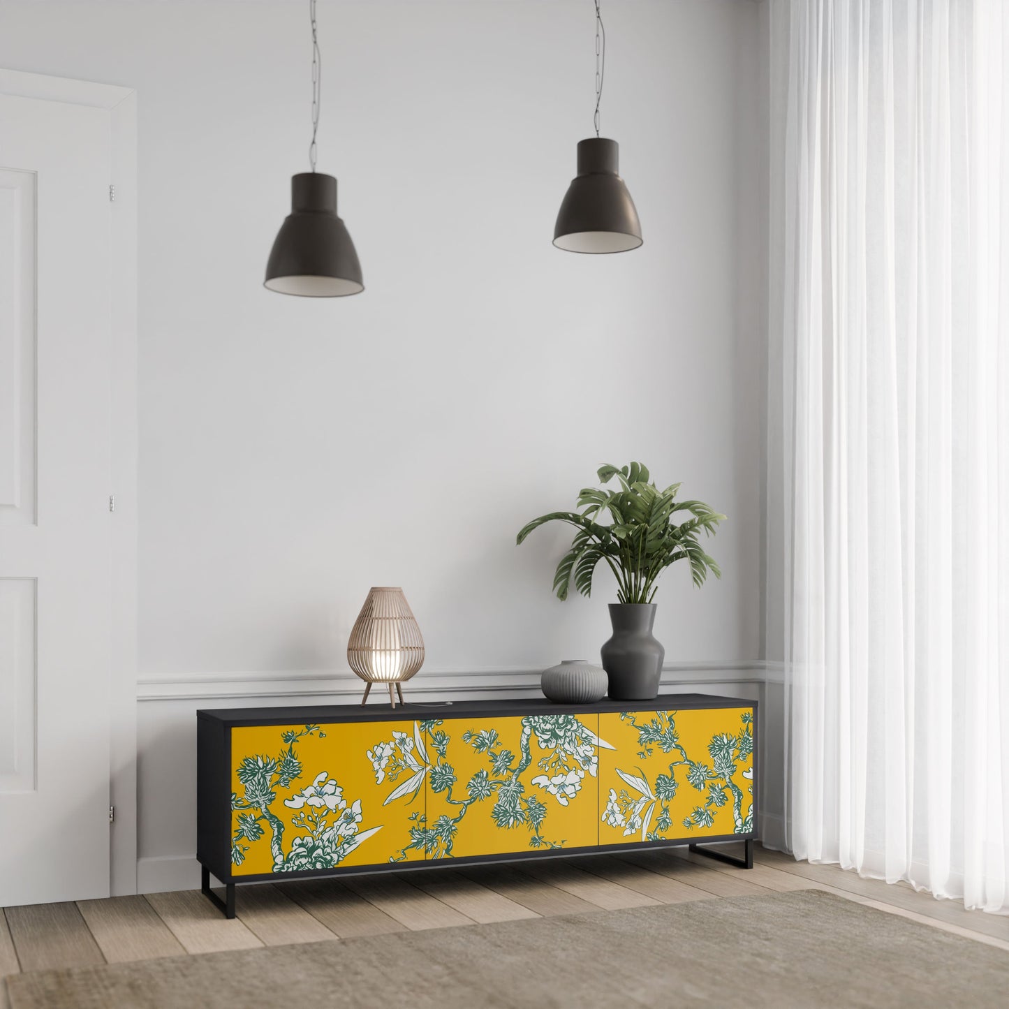 Mobile TV YELLOW CHINOISERIE a 3 ante con finitura nera