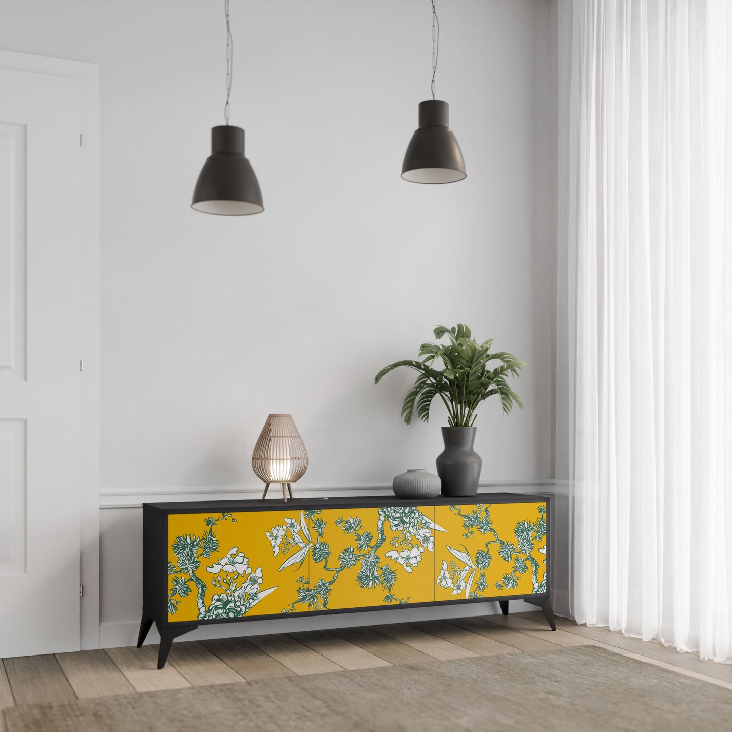 Mobile TV YELLOW CHINOISERIE a 3 ante con finitura nera