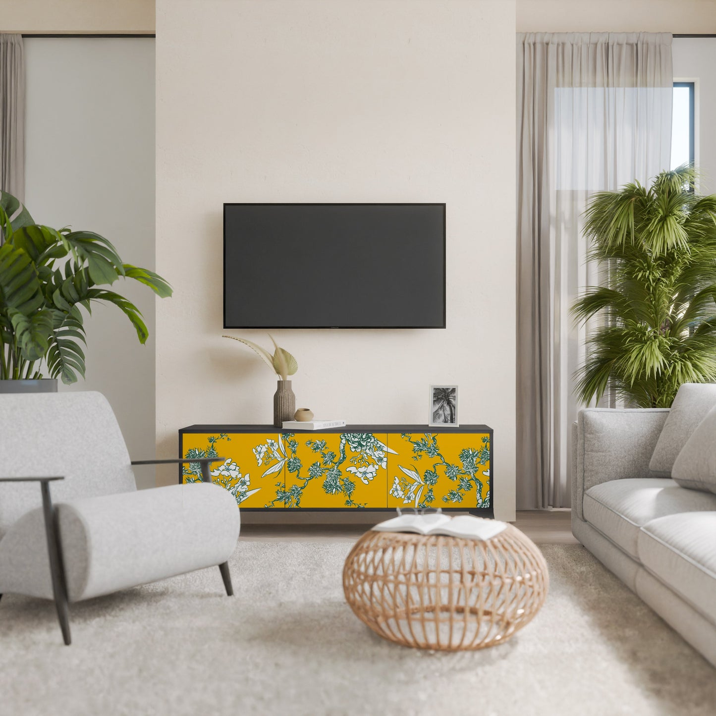 Mobile TV YELLOW CHINOISERIE a 3 ante con finitura nera