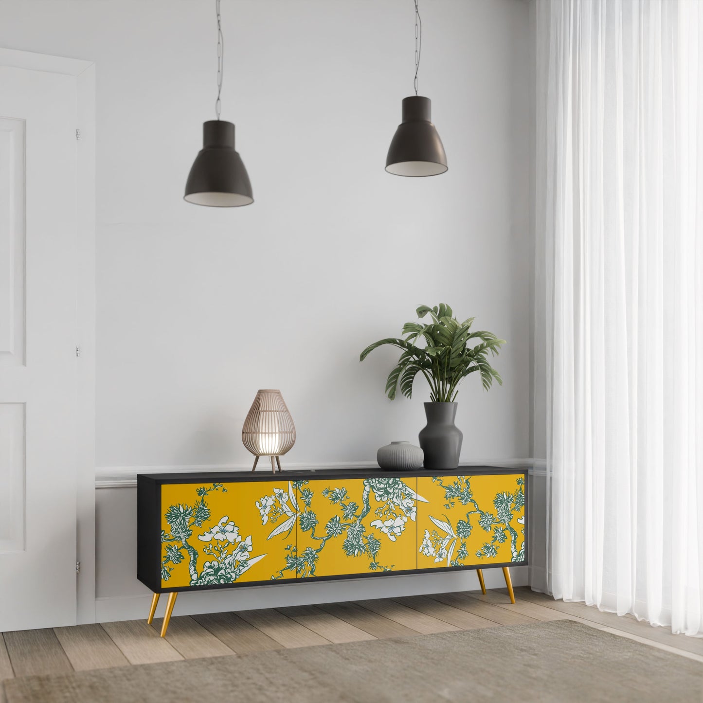 Mobile TV YELLOW CHINOISERIE a 3 ante con finitura nera
