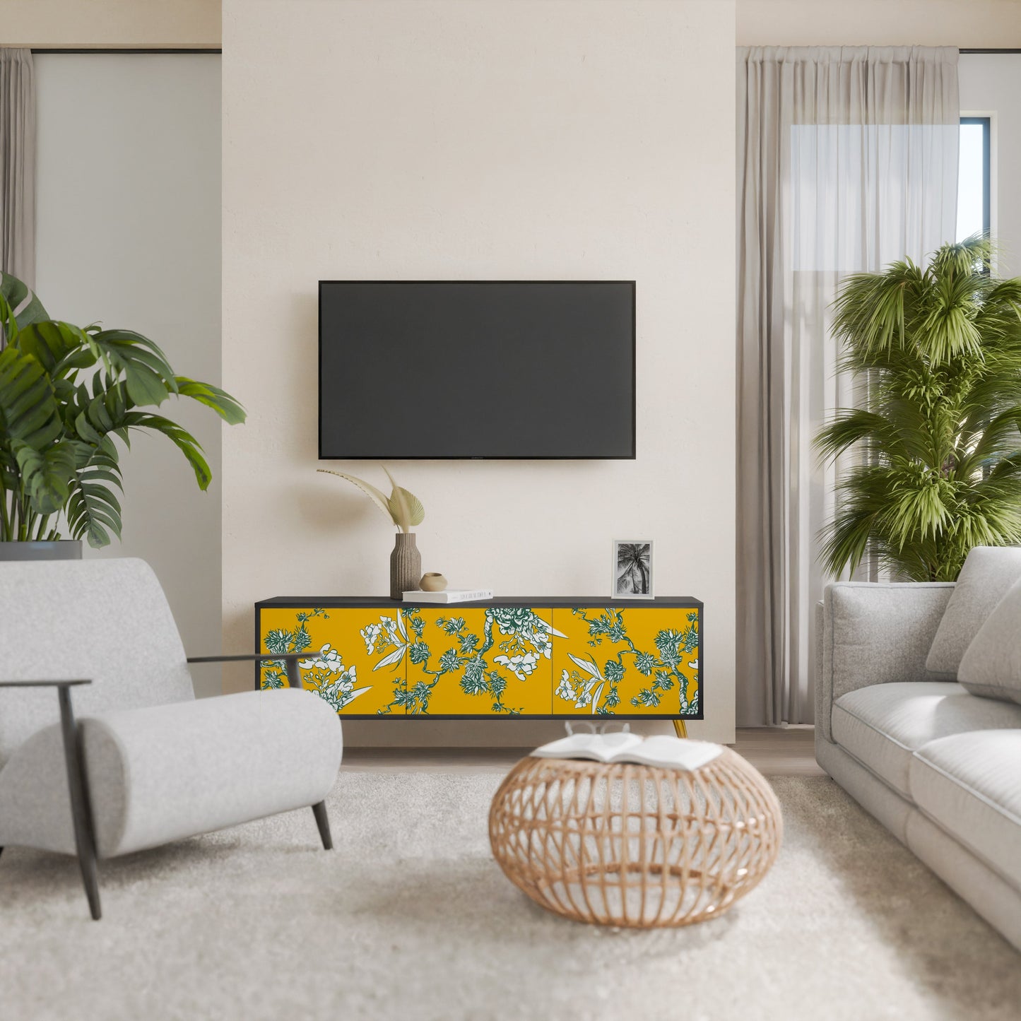 Mobile TV YELLOW CHINOISERIE a 3 ante con finitura nera
