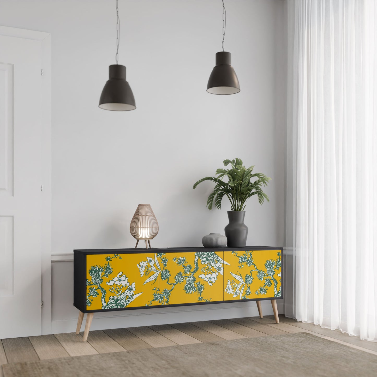 Mobile TV YELLOW CHINOISERIE a 3 ante con finitura nera
