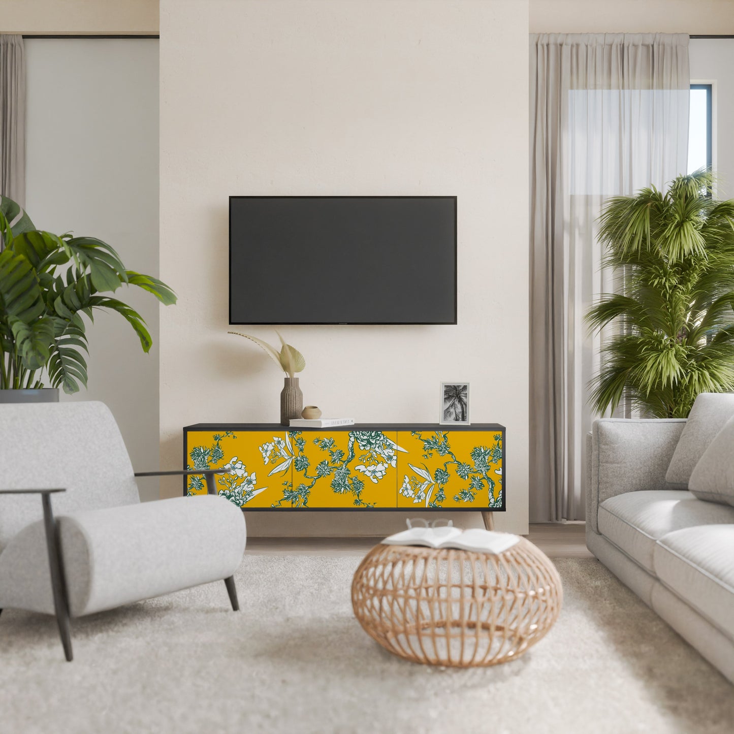 Mobile TV YELLOW CHINOISERIE a 3 ante con finitura nera