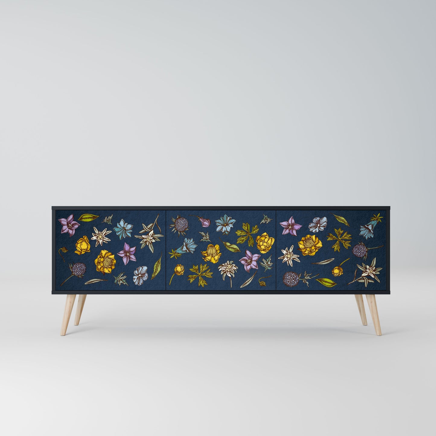 Mobile TV a 3 ante FLOWERS ON NAVY BLUE in finitura nera