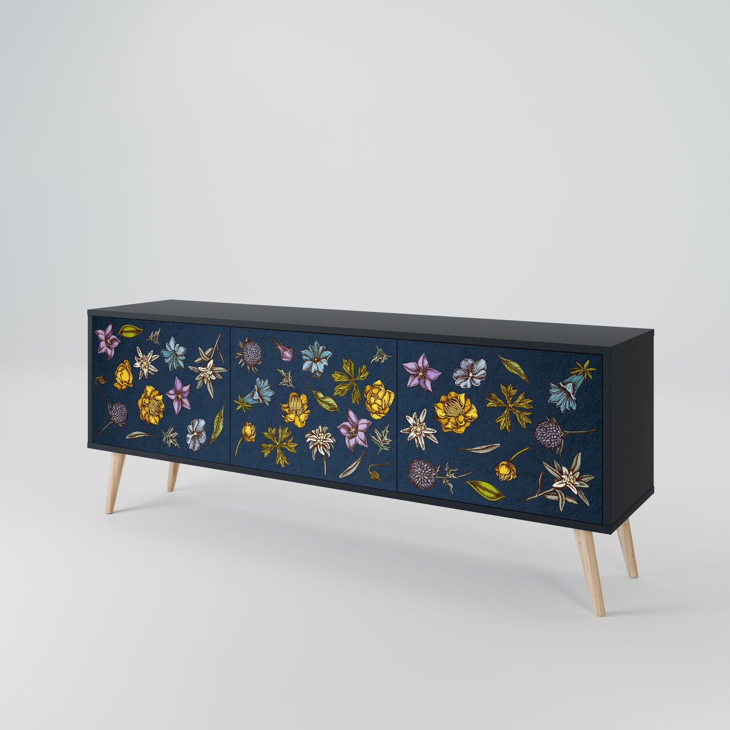 Mobile TV a 3 ante FLOWERS ON NAVY BLUE in finitura nera