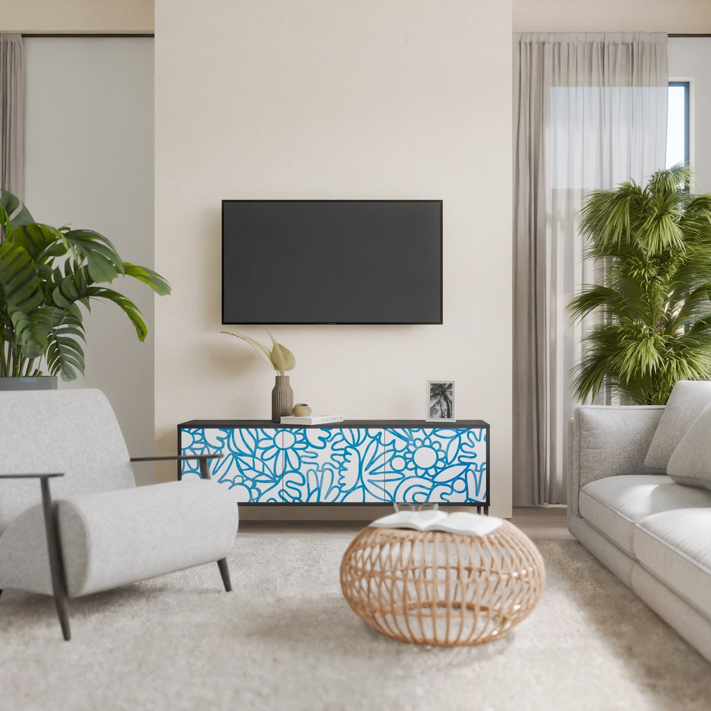 Mobile TV BLOOMY MORNING a 3 ante con finitura nera