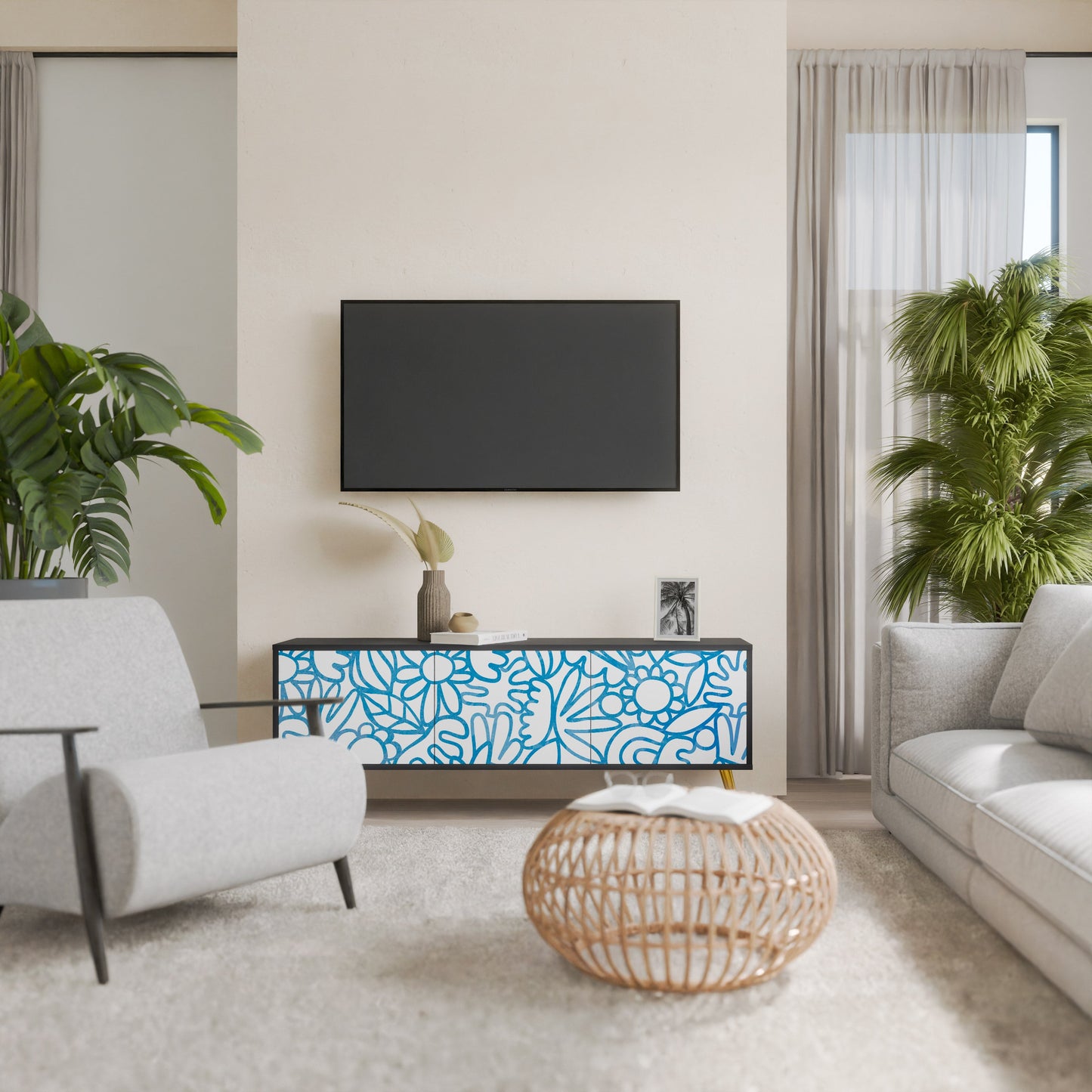 Mobile TV BLOOMY MORNING a 3 ante con finitura nera