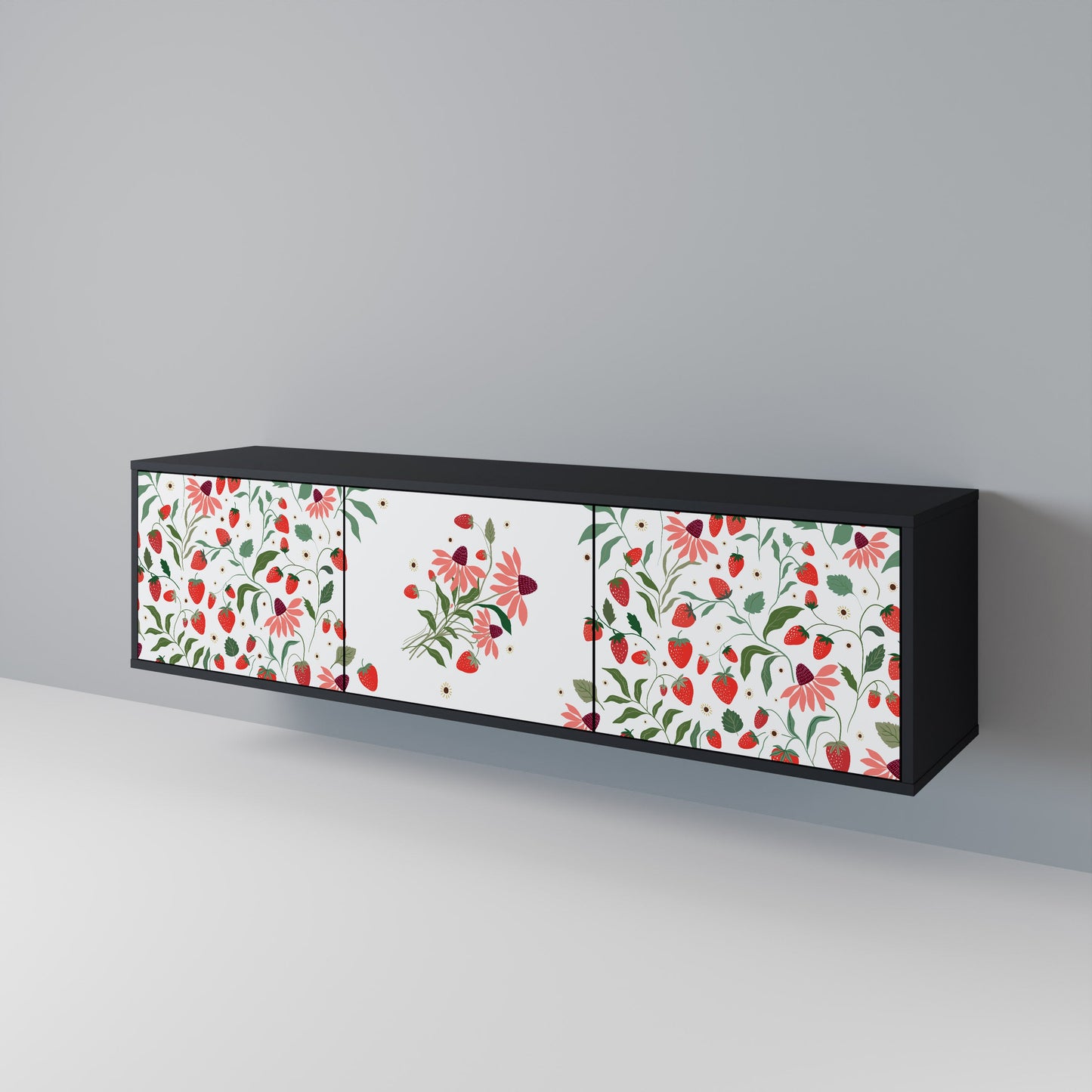 Mobile TV a 3 ante FLOWERS AND STRAWBERRIES in finitura nera