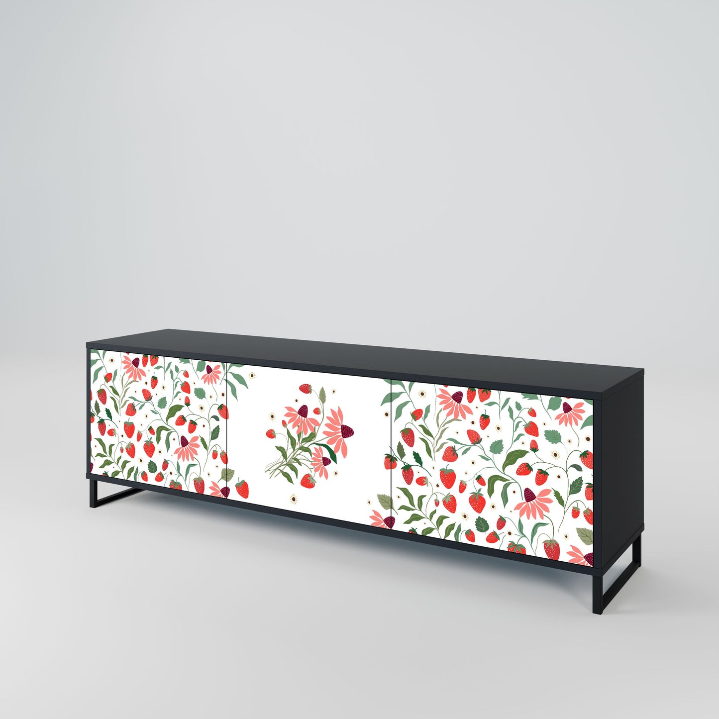 Mobile TV a 3 ante FLOWERS AND STRAWBERRIES in finitura nera