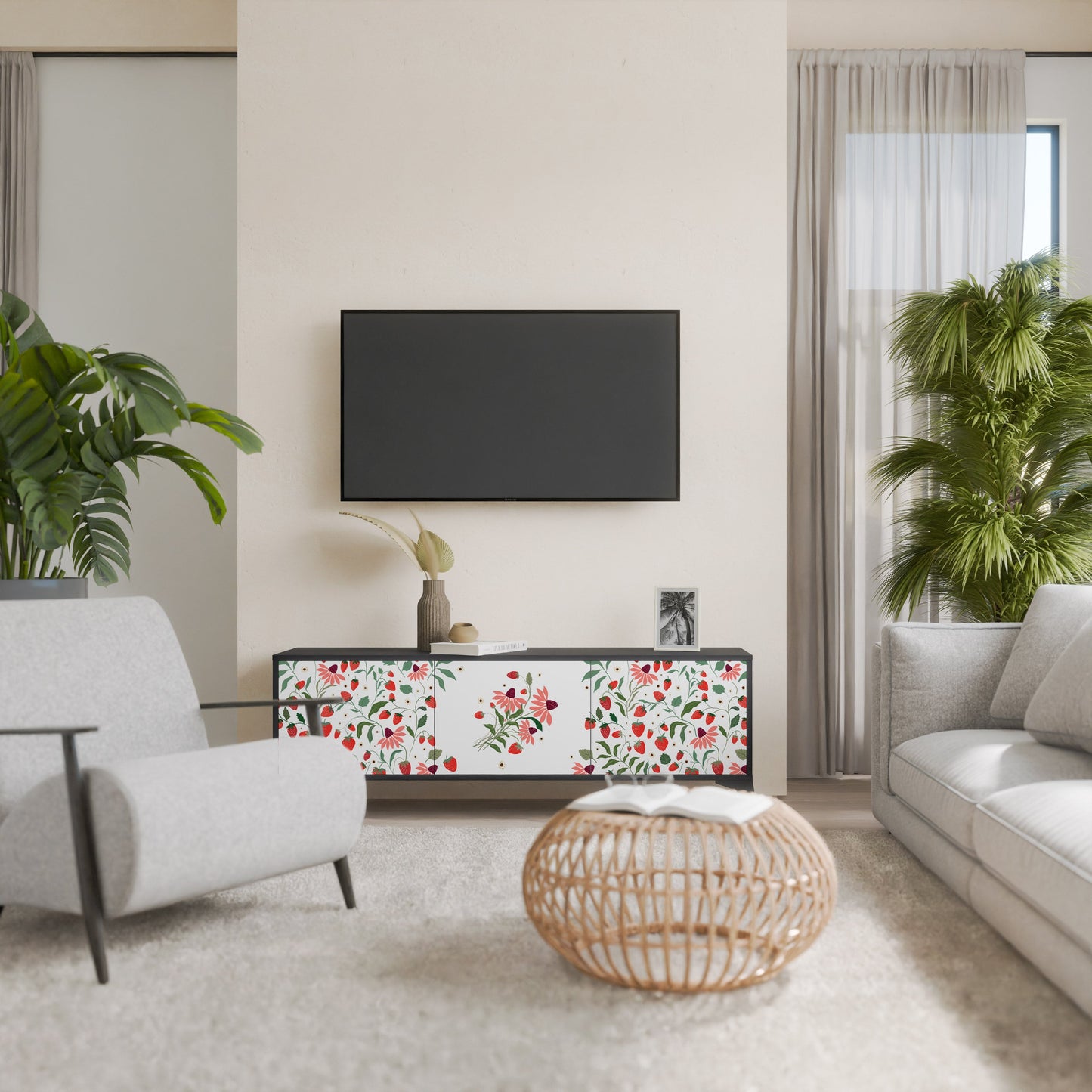 Mobile TV a 3 ante FLOWERS AND STRAWBERRIES in finitura nera