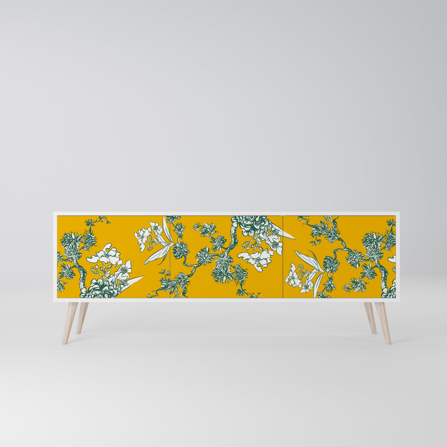 YELLOW CHINOISERIE 3-Door TV Stand in White Finish