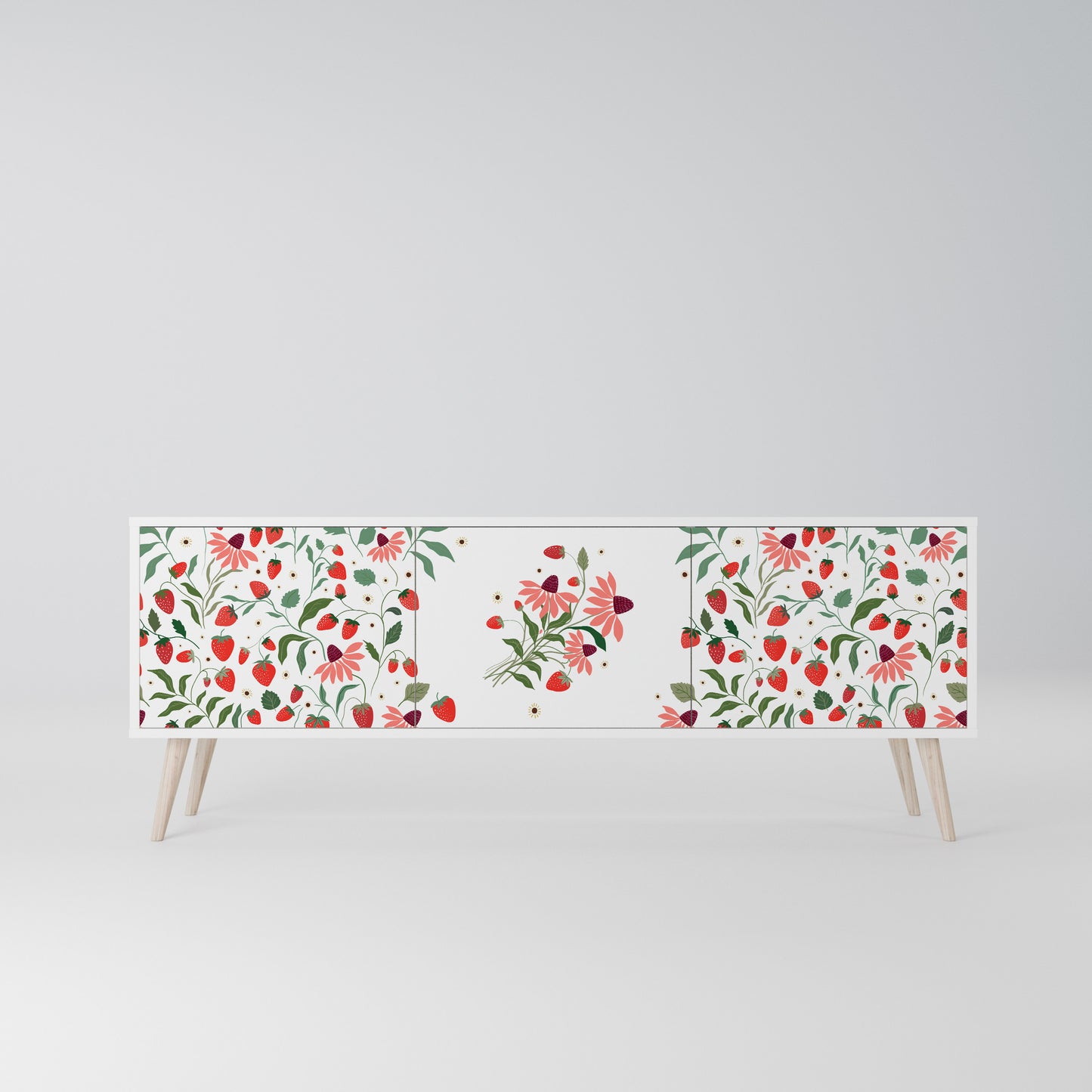 FLOWERS AND STRAWBERRIES 3-Door TV Stand in White Finish