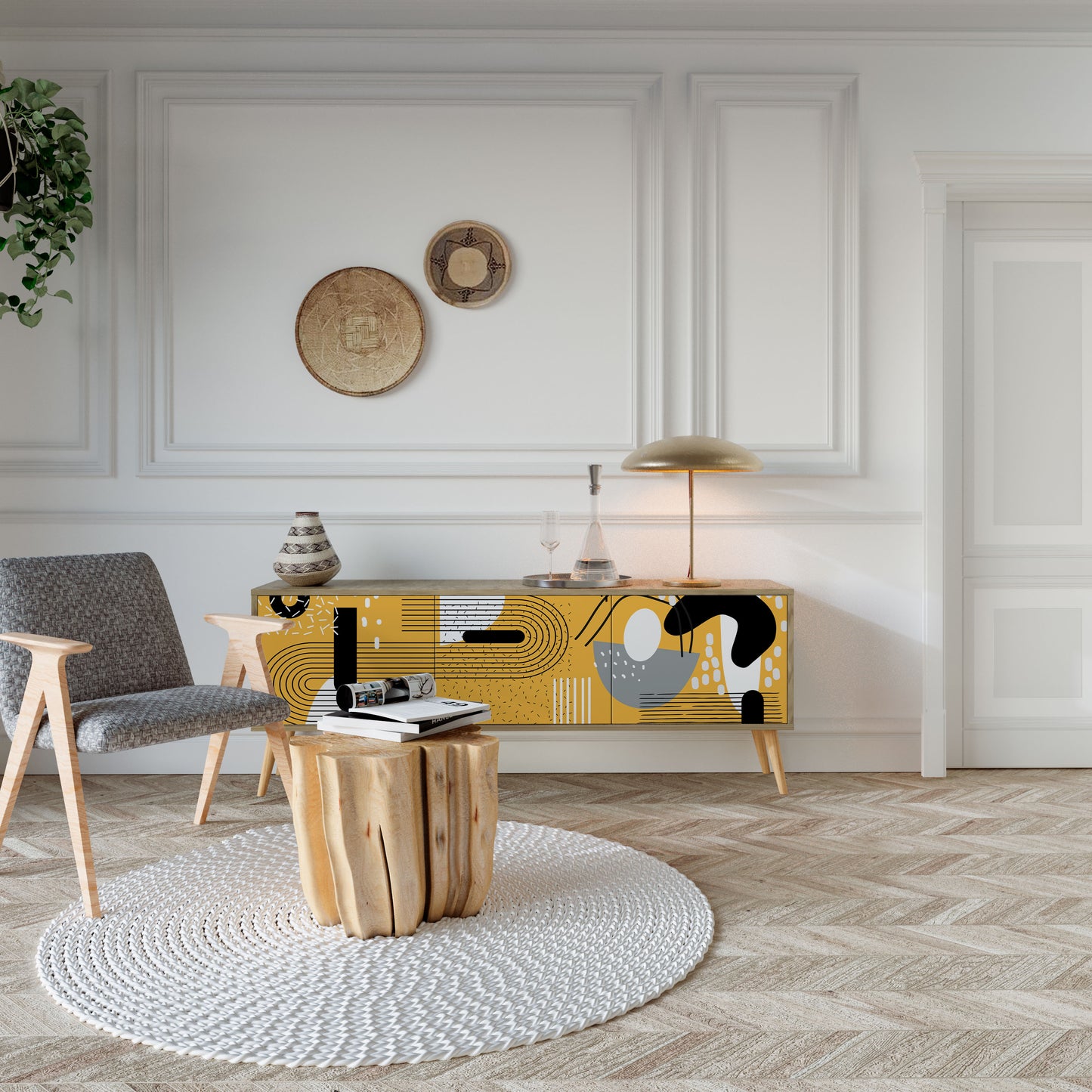 Porta TV a 3 ante SHAPESHIFT SYMPHONY in effetto rovere