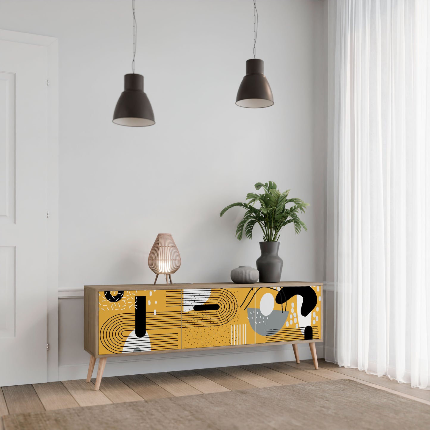 Porta TV a 3 ante SHAPESHIFT SYMPHONY in effetto rovere