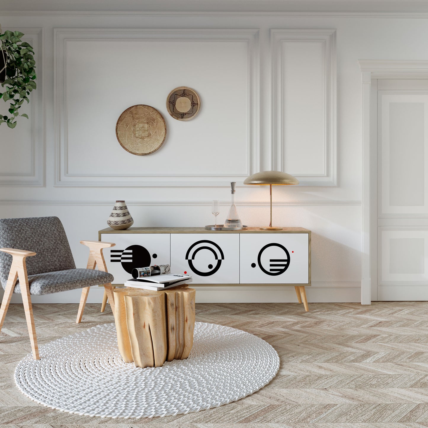 Mobile TV a 3 ante con combinazione bianco e nero effetto rovere