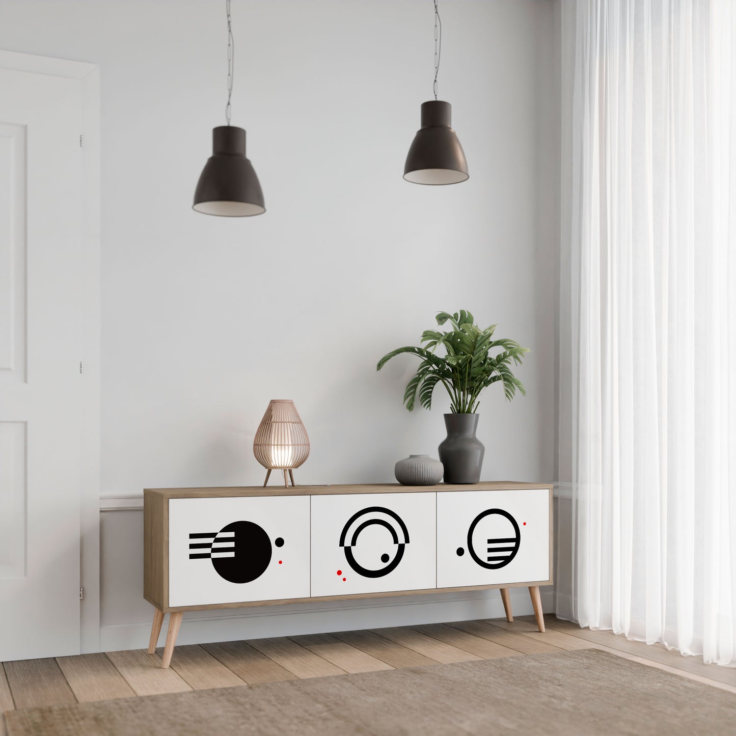 Mobile TV a 3 ante con combinazione bianco e nero effetto rovere