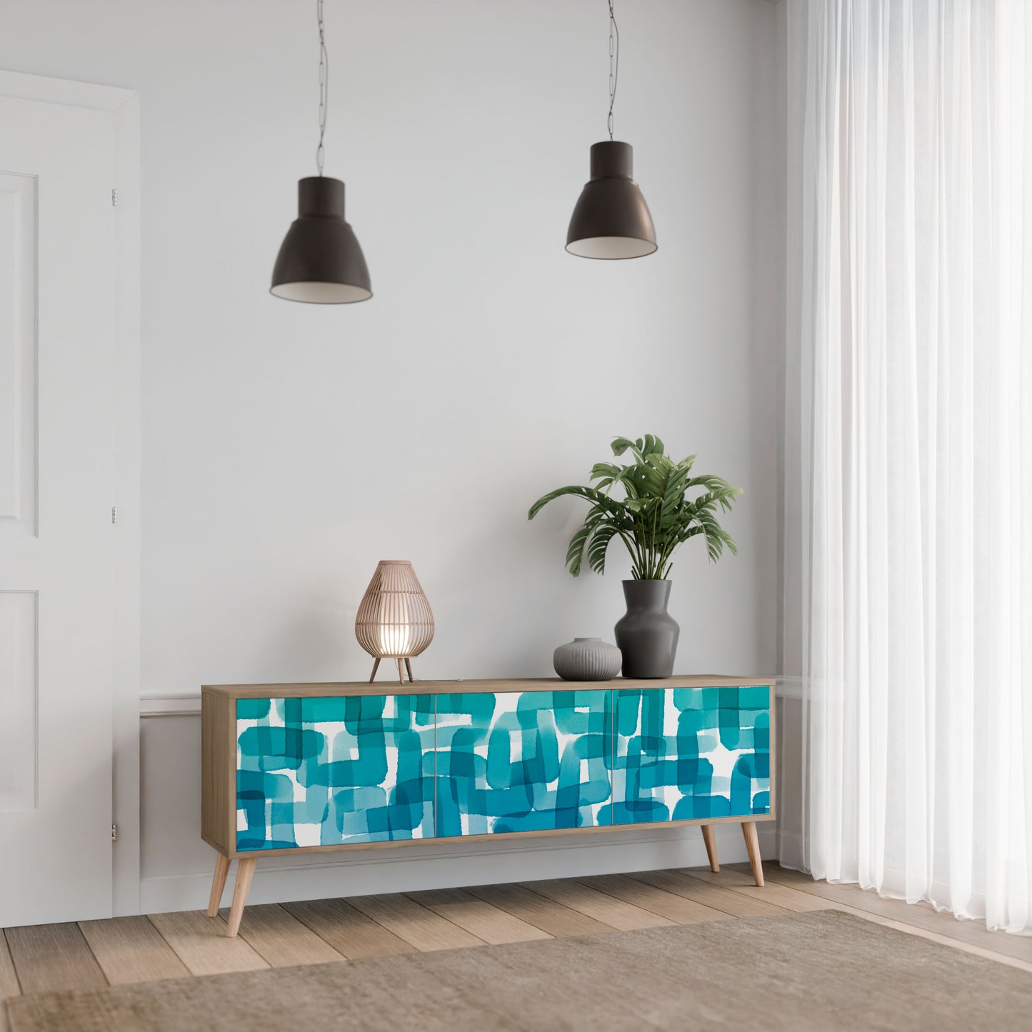 Mobile TV TURQUOISE RECTANGLES a 3 ante effetto rovere