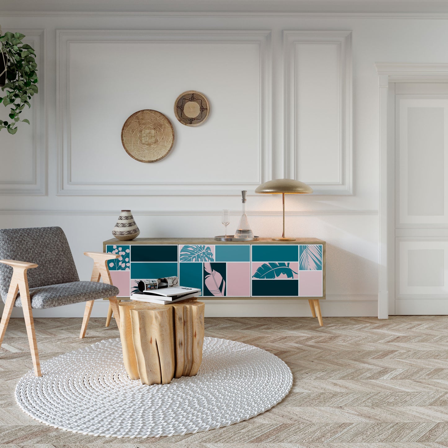 COMBINAZIONE DI FORME Mobile TV a 3 ante effetto rovere