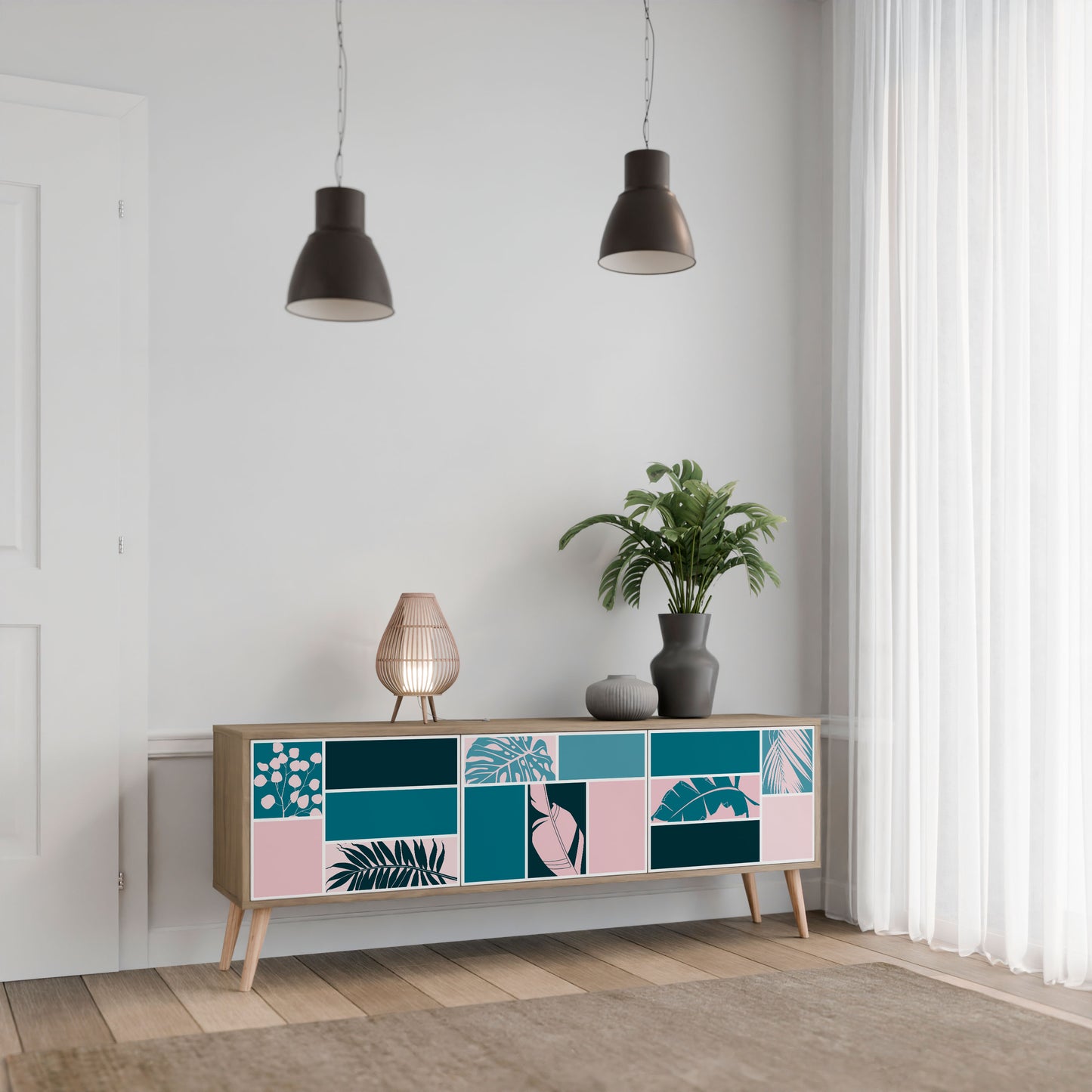 COMBINAZIONE DI FORME Mobile TV a 3 ante effetto rovere