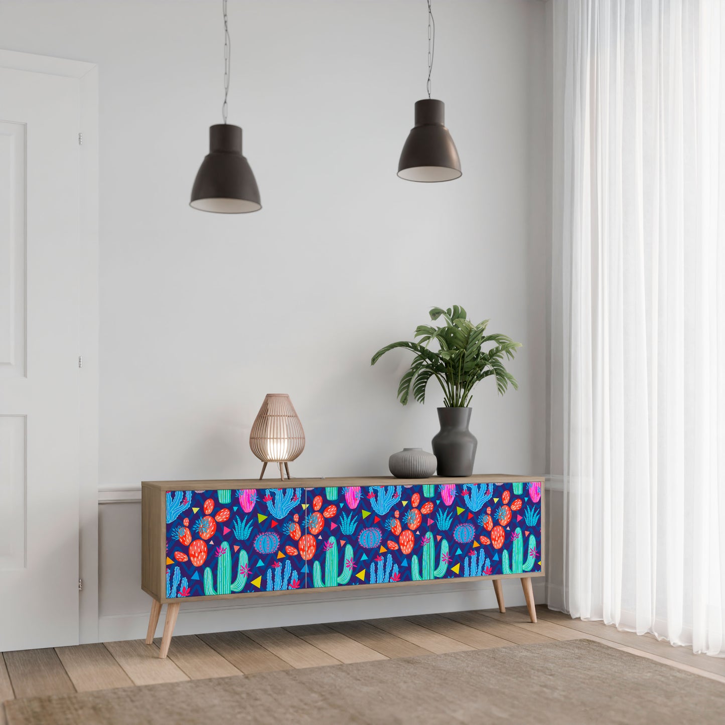 CACTUS VIBES 3-Door TV Stand in Oak Effect