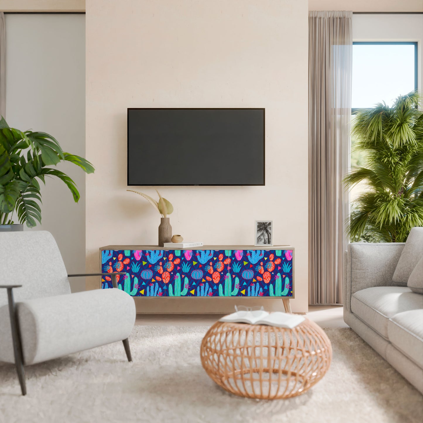 CACTUS VIBES 3-Door TV Stand in Oak Effect