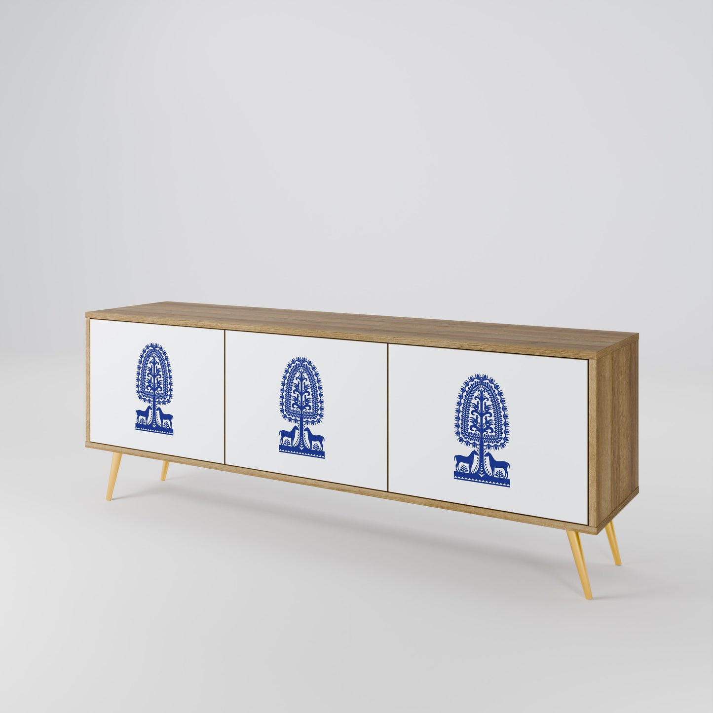 Mobile TV a 3 ante in stile FOLK ART POLACCO, effetto rovere