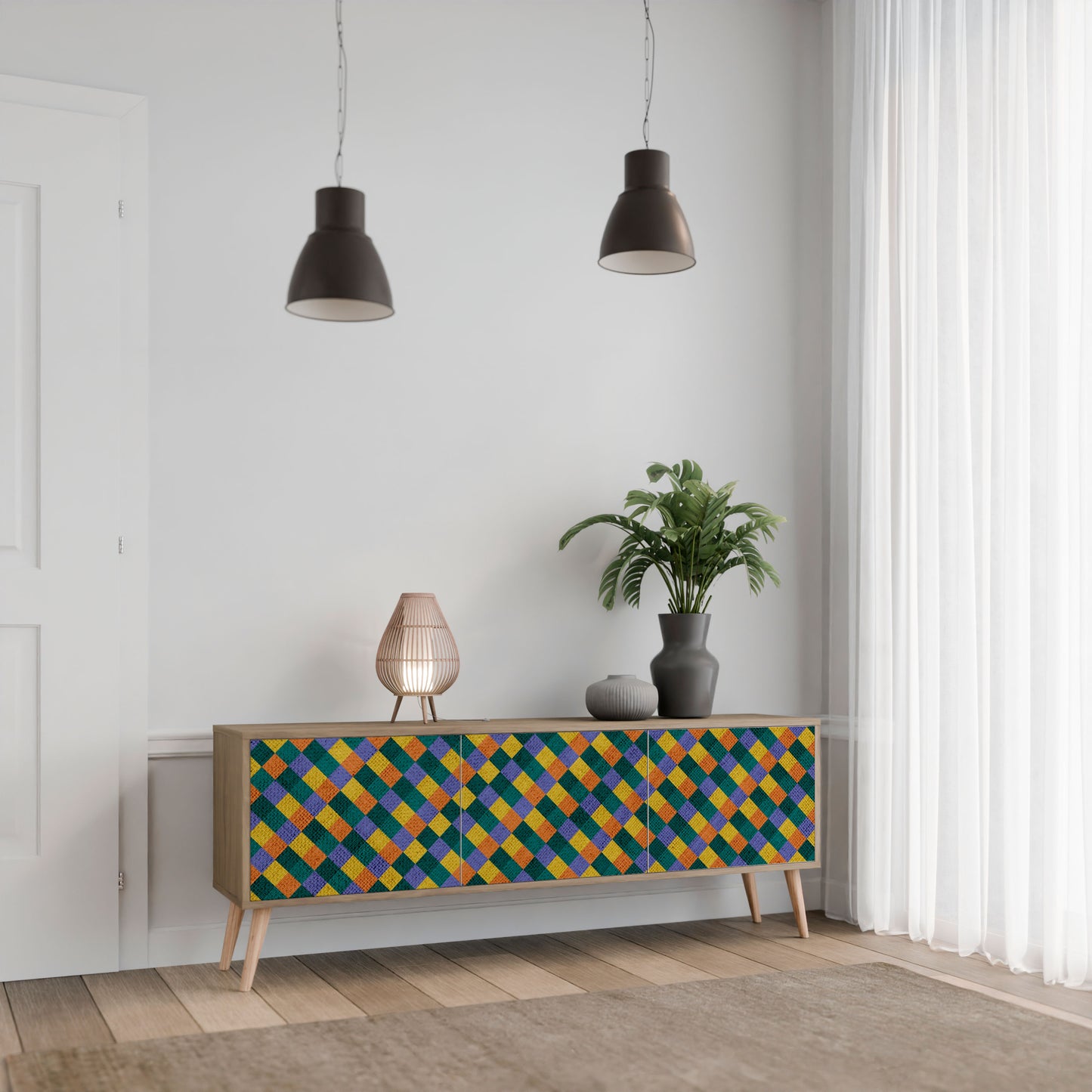 Mobile TV a 3 ante PAINTED SQUARES MIX in effetto rovere