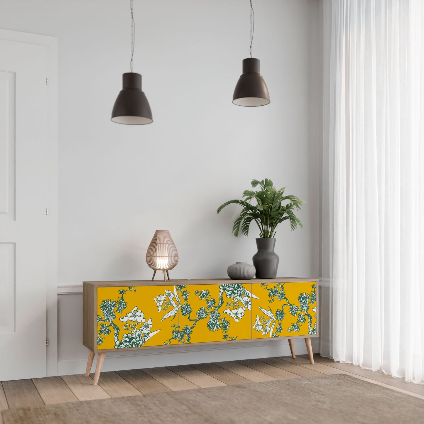 YELLOW CHINOISERIE 3-Door TV Stand in Oak Effect