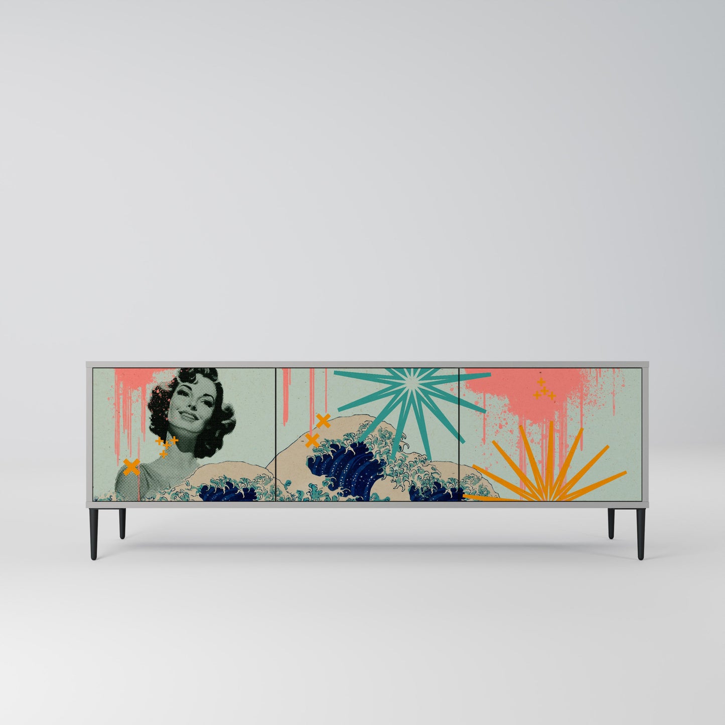 KANAGAWA BEAUTY 3-Door TV Stand in Grey Finish