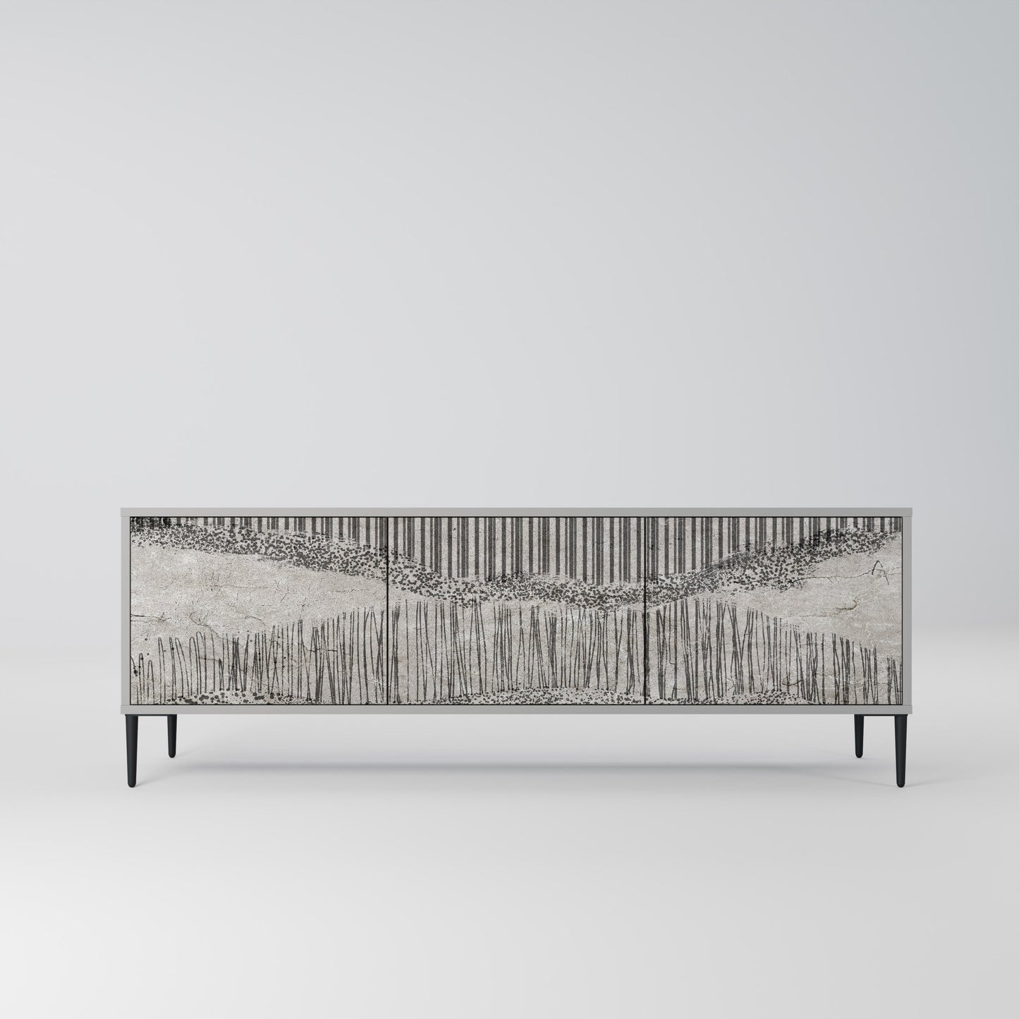 GRAIN LINES 3-Door TV Stand in Grey Finish