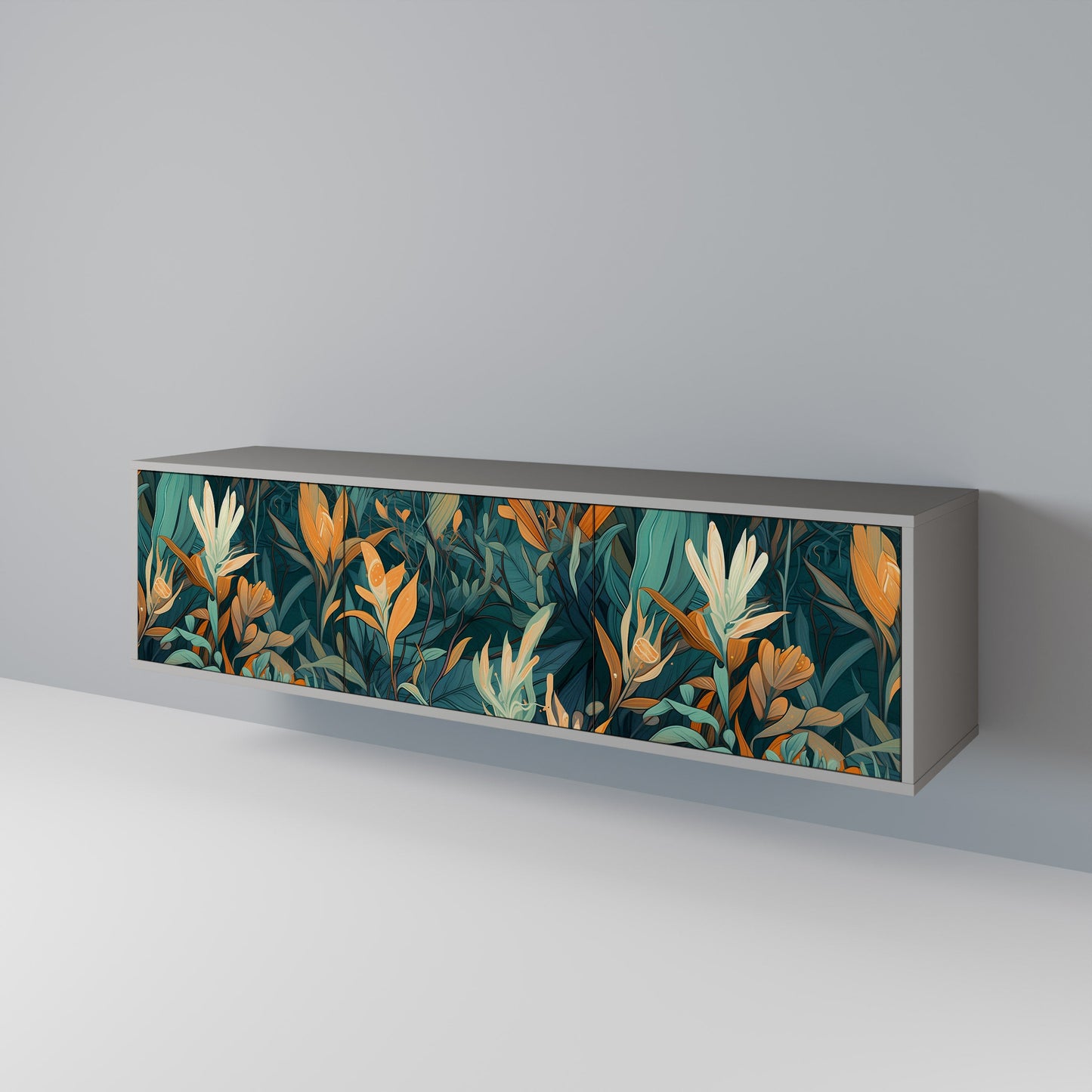 FLORAL SERENITY 3-Door TV Stand in Grey Finish