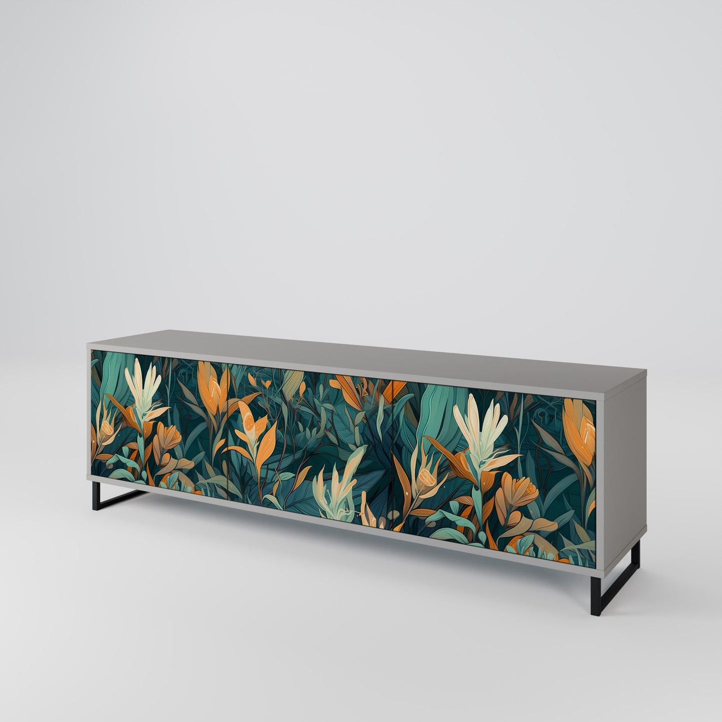FLORAL SERENITY 3-Door TV Stand in Grey Finish