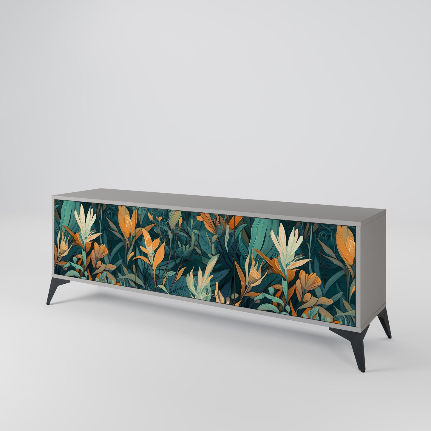 FLORAL SERENITY 3-Door TV Stand in Grey Finish