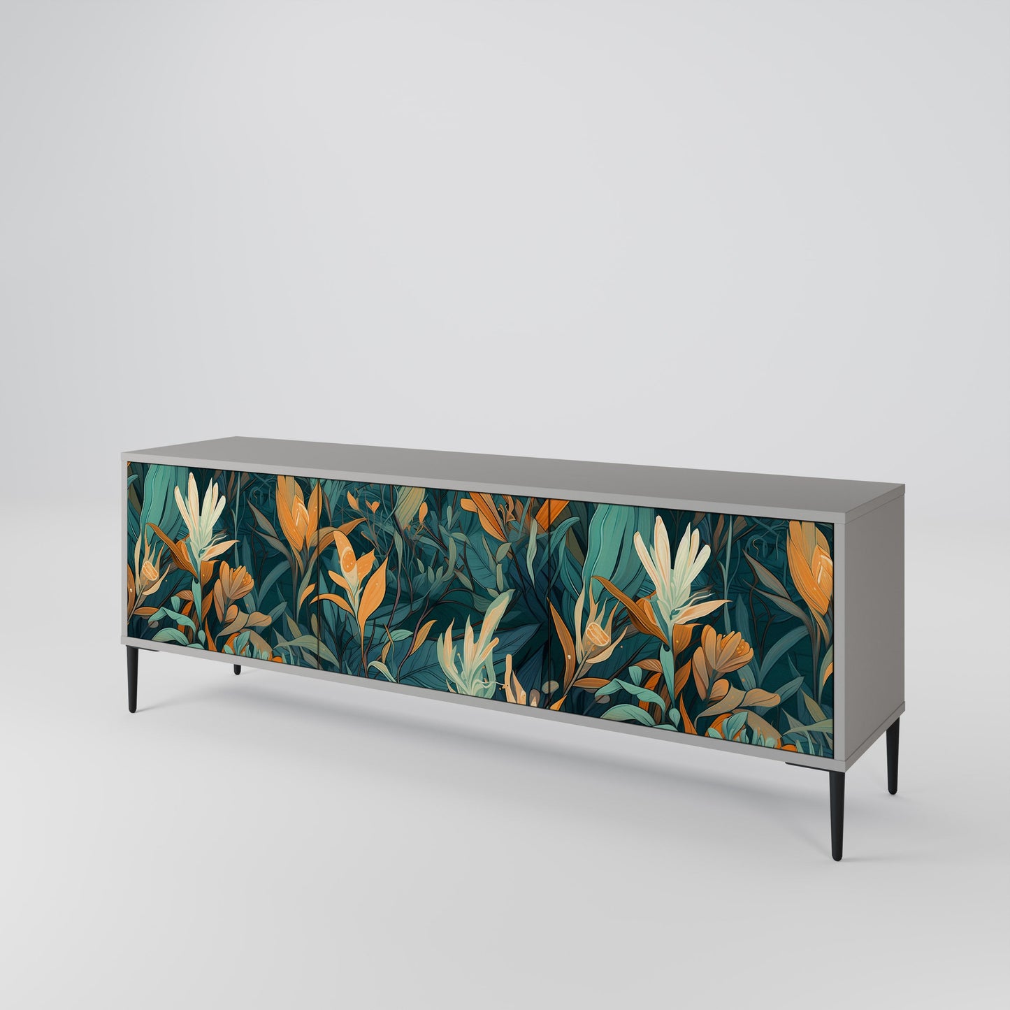 FLORAL SERENITY 3-Door TV Stand in Grey Finish