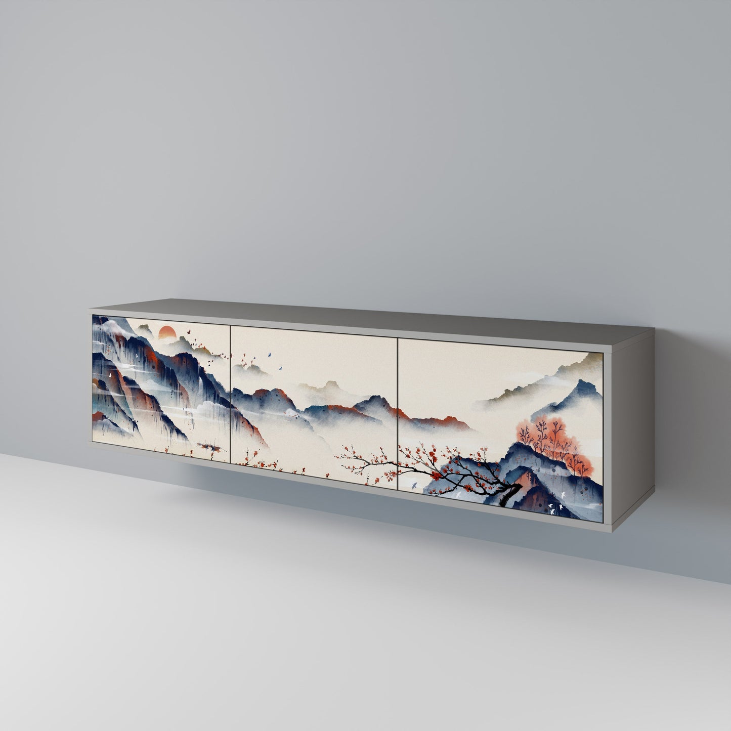 JAPANESE LANDSCAPE 3-Door TV Stand in Grey Finish