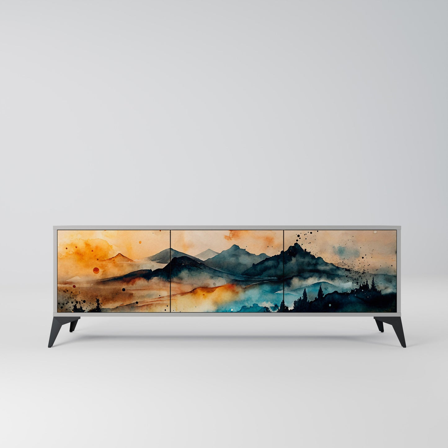 OMINOUS MOUNTAINS 3-Door TV Stand in Grey Finish