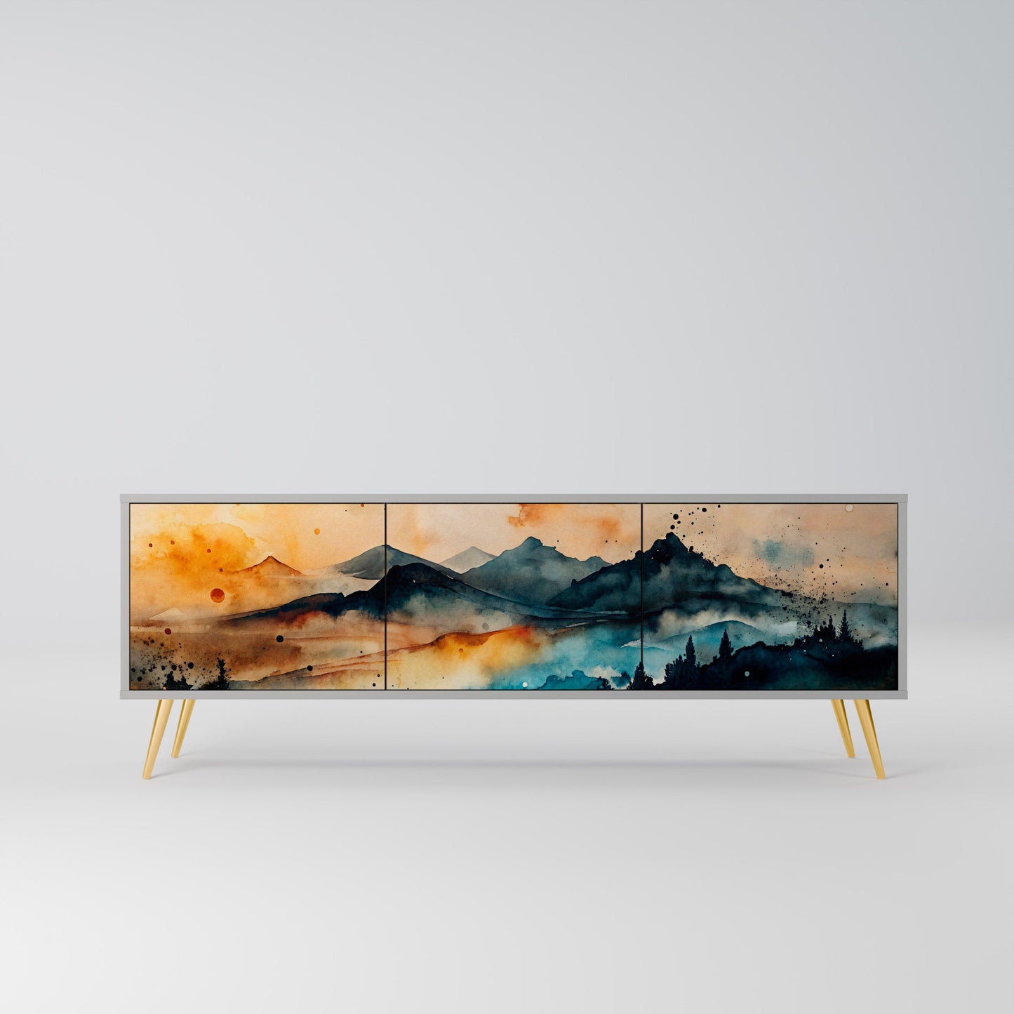 OMINOUS MOUNTAINS 3-Door TV Stand in Grey Finish