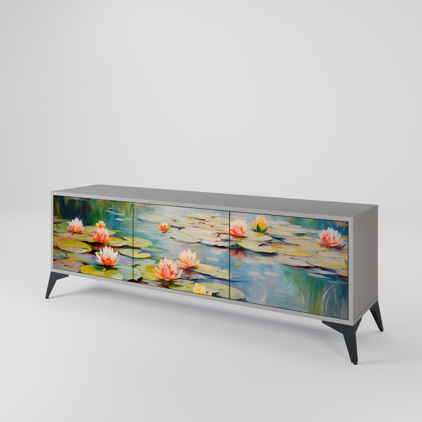BLOOMING WATERS 3-Door TV Stand in Grey Finish