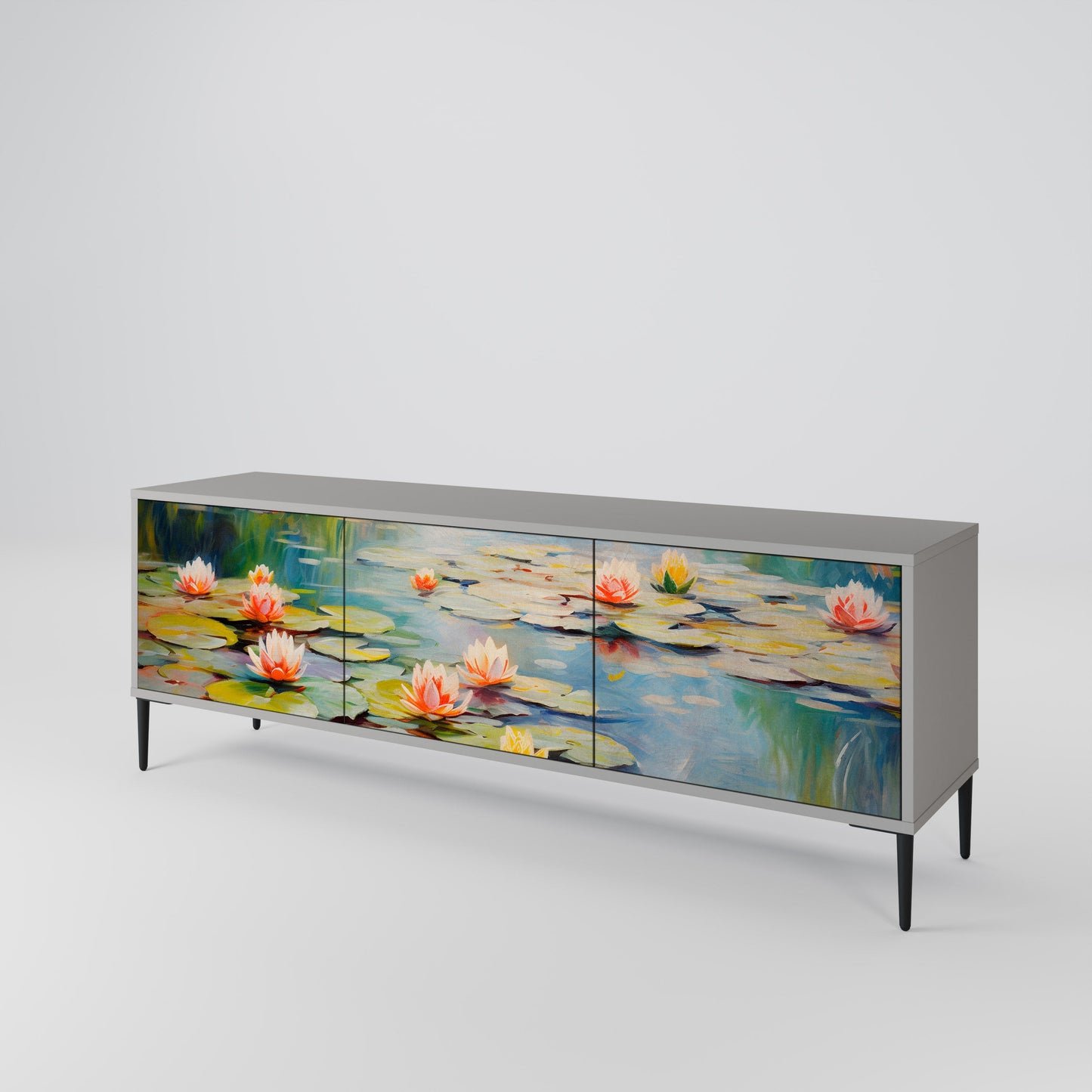 BLOOMING WATERS 3-Door TV Stand in Grey Finish
